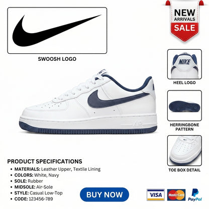AIR FORCE 1 (GS) SHOES - WHITE/MNNAVY