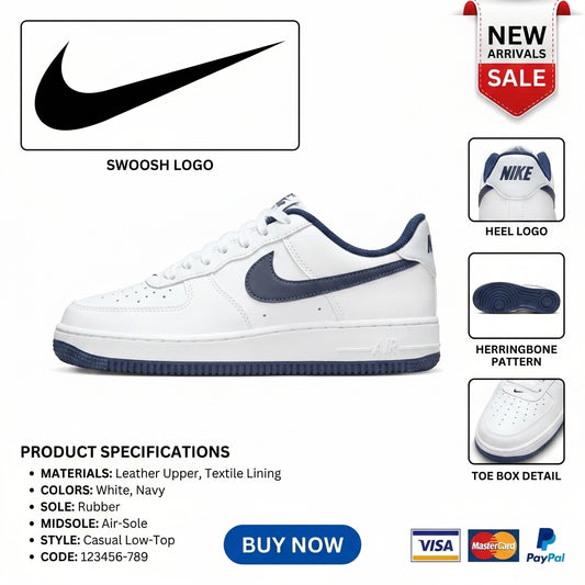 AIR FORCE 1 (GS) SHOES - WHITE/MNNAVY