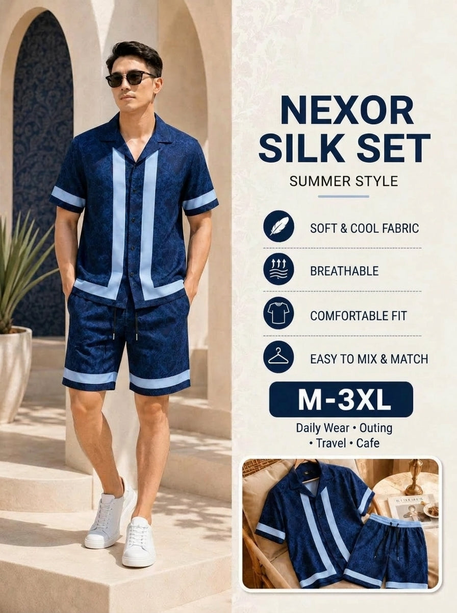 Nexor Men's Set made of smooth, cool silk fabric, shirt with a breathable Cuban collar design.