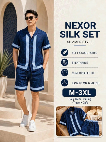 Nexor Men's Set made of smooth, cool silk fabric, shirt with a breathable Cuban collar design.