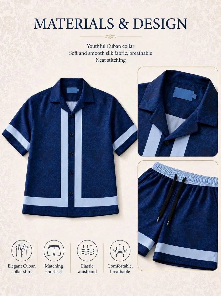 Nexor Men's Set made of smooth, cool silk fabric, shirt with a breathable Cuban collar design.