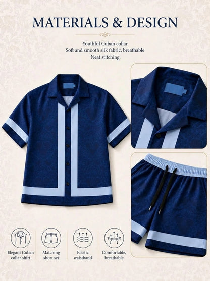 Nexor Men's Set made of smooth, cool silk fabric, shirt with a breathable Cuban collar design.
