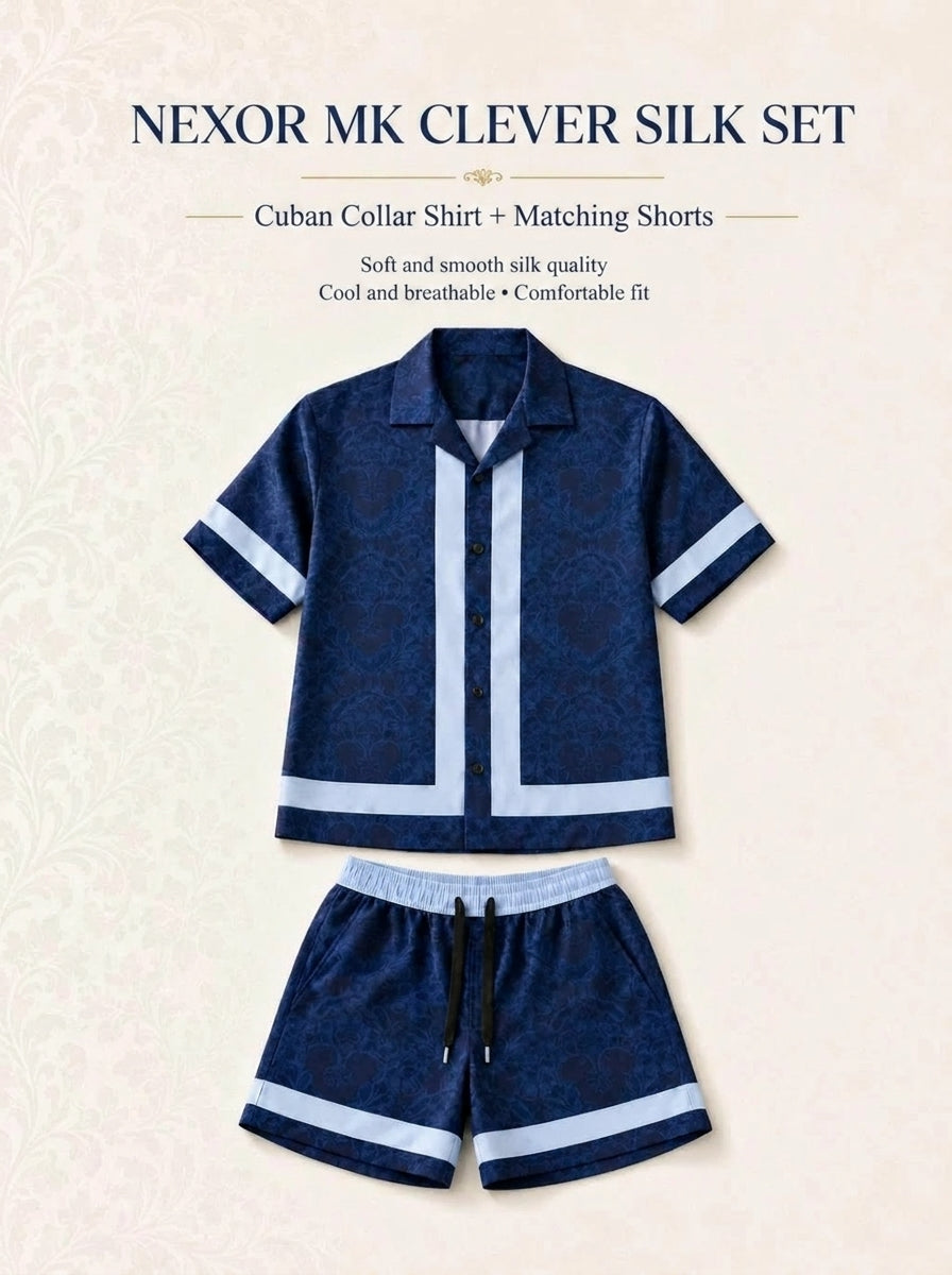 Nexor Men's Set made of smooth, cool silk fabric, shirt with a breathable Cuban collar design.